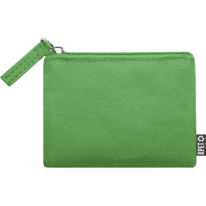 A green purse with a zippered closure and a textured surface, featuring a small loop for easy carrying.