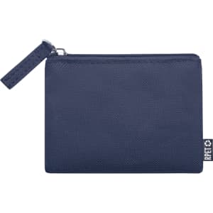 A navy blue purse with a textured finish and a zip closure, featuring a small tag.