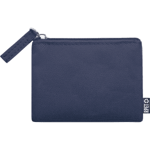 A navy blue purse with a zipper closure and a textured surface, featuring a small logo on the side.