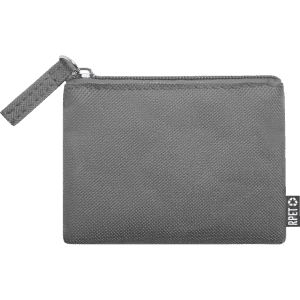 A grey zippered purse with a textured surface, featuring a small strap and a branding tag.