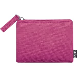 A pink wallet featuring a zip closure and a wrist strap, with a small logo on the side.