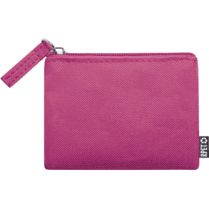 A bright pink wallet with a zip closure and a small attached strap. It features a logo on the side.