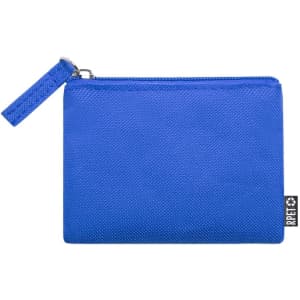 A blue Nelsom Purse featuring a textured exterior and a zip closure, with a branding label on the side.