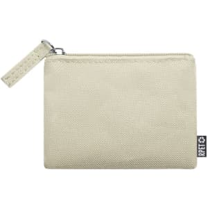 A light beige purse with a zip closure and a small strap, featuring a logo tag on the side.
