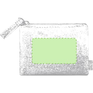 A small, textured purse in grey with a blank green section, featuring a zipper and a wrist strap.