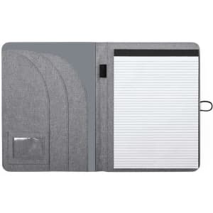 A grey Sorgax Folder featuring a notepad, pockets, and a closure. It has a sleek design suitable for business use.
