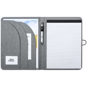 A grey Sorgax folder featuring multiple pockets, a notepad, and a pen inside.