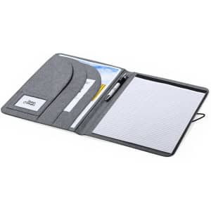 A grey Sorgax Folder featuring compartments for documents, a pen, and a lined notepad. It includes a branding logo.