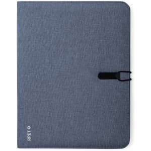 A dark blue folder made from fabric, featuring a clasp closure and a logo on one corner.