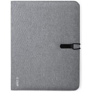 A grey Sorgax Folder with a textured finish and a secure closure. Features a logo or branding on the side.
