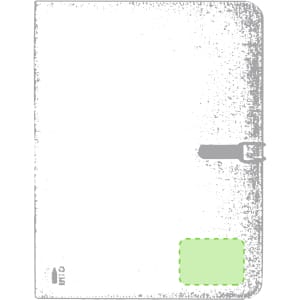 A grey Sorgax Folder with a buckle closure and a green square area, featuring a logo on the lower corner.