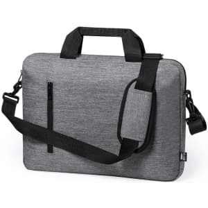 A grey laptop bag with a textured finish, featuring two handles and an adjustable shoulder strap, along with a zip pocket.