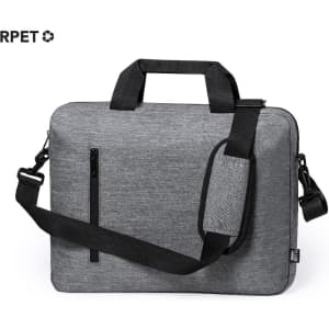 A grey laptop bag with a shoulder strap and top handles, featuring a zippered pocket and branding.