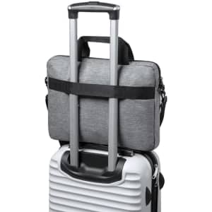 A laptop bag in grey, secured to a wheeled suitcase with retractable handles. The bag has a strap and a logo.
