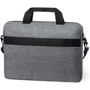 A grey laptop bag with a handle and detachable shoulder strap, featuring a simple design and a logo.
