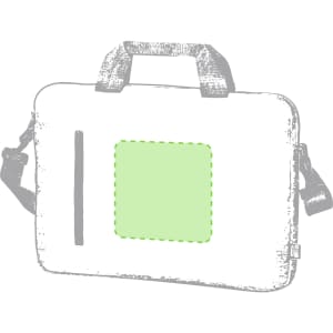 A laptop bag in grey with a green rectangular feature and dual handles, also includes a shoulder strap.
