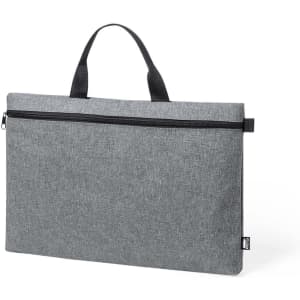 A grey document bag with black handles and a zippered closure, featuring a small logo on the side.