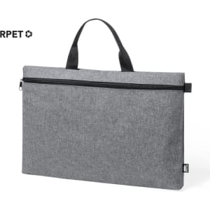 A grey document bag with a zippered closure and black handles, featuring a logo on the side.