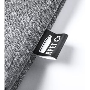 A grey document bag with a tag featuring a logo, made from recycled materials.