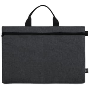 A grey document bag with a zippered closure and two handles, featuring a branding logo.