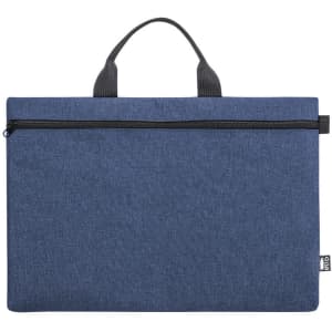 A navy blue document bag with a zippered pocket and dual handles, featuring a small branding label.