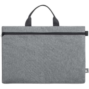 A grey document bag with a zip closure and two handles, featuring a logo on one side.