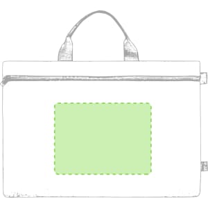 A grey document bag with a zip closure, featuring a front pocket outlined in green. It has two handles and a branding logo.