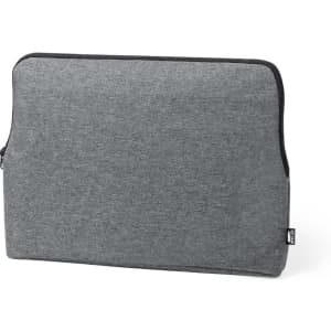 A grey laptop pouch with a zip closure, featuring a small logo on the side.
