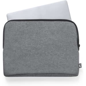 A grey laptop pouch with a silver laptop partially visible inside, featuring a logo on the side.