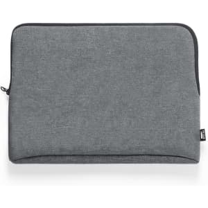 A grey laptop pouch with a zipper closure and a logo on the side. It features a sleek, minimalist design.