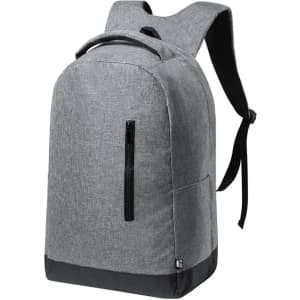 A grey backpack with a smooth texture, featuring a front zip pocket and adjustable straps. It has a logo on the side.