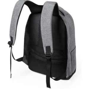 A grey anti-theft backpack with padded straps and a textured back panel, featuring a side pocket and a logo.