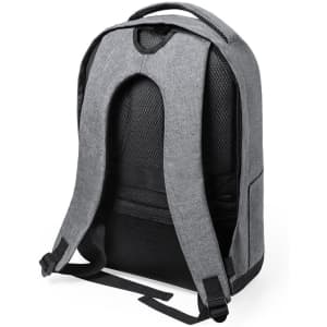 A grey anti-theft backpack with padded straps and a sleek design, featuring a textured fabric and a logo.
