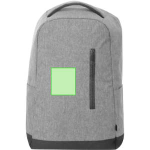 A grey anti-theft backpack featuring a front zip pocket and a logo area.