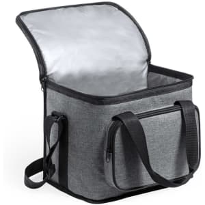 A grey cooler bag with a zippered opening and black accents, featuring a spacious, insulated interior.