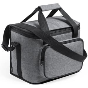 A grey cooler bag with adjustable straps and a front zip pocket, featuring a logo on the side.