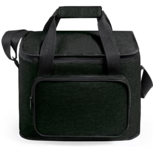 A black cooler bag with a zippered front pocket and dual handles for easy carrying. It also has a shoulder strap.
