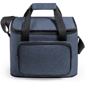 A dark blue cooler bag with a zippered front pocket and dual handles for easy carrying.