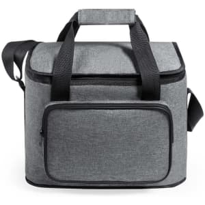 A grey cooler bag with a zippered front pocket and black handles. It features a sturdy design and a logo.