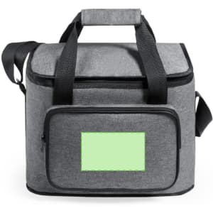 A grey cooler bag with dual handles and a shoulder strap, featuring a front pocket and a logo.