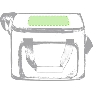 A cooler bag in grey with a green panel on top, featuring a logo and adjustable straps.