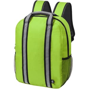 A green backpack with grey stripes, featuring padded straps and mesh side pockets. It includes a logo.