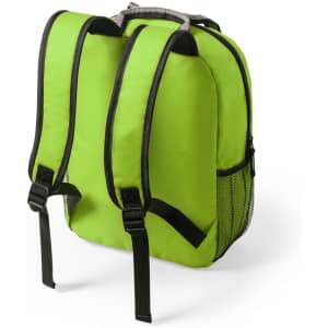 A bright green backpack with black straps and a mesh side pocket. It has a sleek, rounded design and a logo.