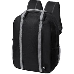 A black Fabax backpack with grey straps, featuring mesh pockets on the sides. It has a logo on the front.