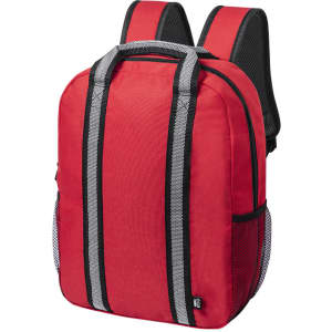 A red backpack with grey accents, featuring adjustable straps and mesh side pockets. It has a logo on the front.