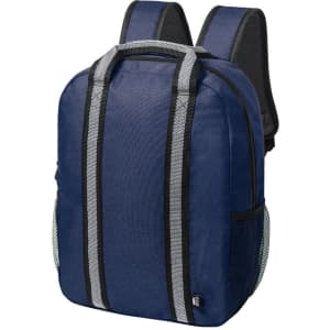 A navy blue backpack featuring adjustable straps, mesh side pockets, and a logo on the front.