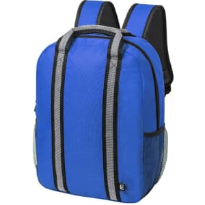 A blue backpack with grey accents and mesh side pockets, featuring padded shoulder straps and a logo.