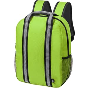A bright green backpack with grey stripes, featuring mesh side pockets and adjustable straps.