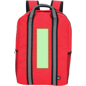 A red Fabax Backpack with grey straps and a blank green rectangle on the front. It features a logo on one side.