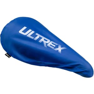 A blue saddle cover with a logo, designed to protect bicycle seats from weather elements.